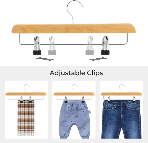 Vista 3 de SONGMICS Perchas de Madera para Pantalones, Paquete de 8 Perchas para Pantalones con Clips de Metal Ajustables Antioxidantes, Gancho Giratorio