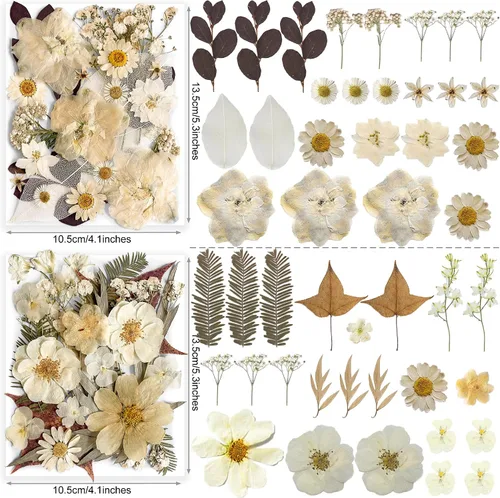 Vista 4 de 96 piezas de flores blancas secas y prensadas vintage para manualidades con resina - Juego de flores naturales reales de YouthBro con 50 calcomanías