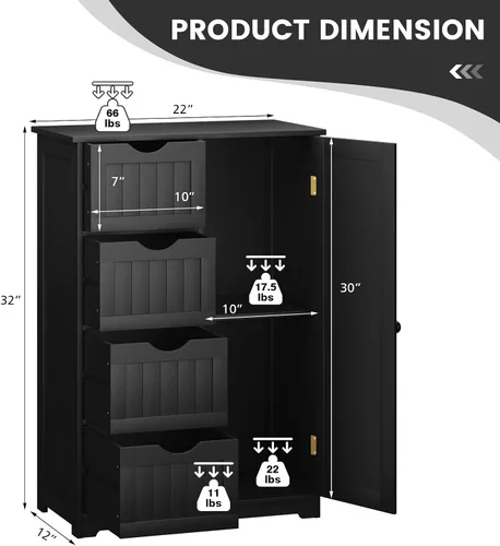 Vista 2 de COSTWAY Armario de almacenamiento de baño, organizador de almacenamiento de madera con 4 cajones profundos y estante ajustable, gabinete de piso