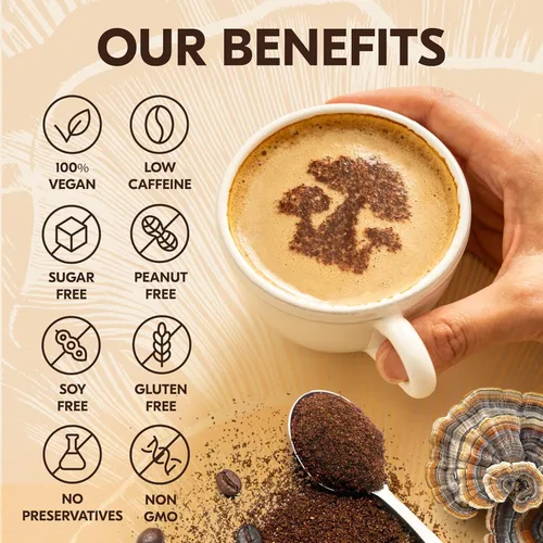 Vista 5 de Café de Hongos – Café instantáneo orgánico 10 en 1 Arábica - Cafe de Hongos con melena de león, cola de pavo, chaga – Enfoque, salud intestinal
