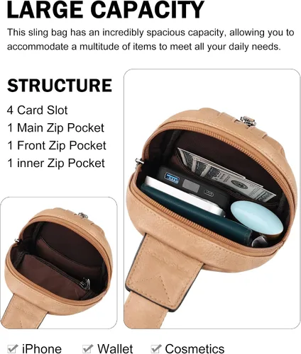 Vista 3 de MASINTOR Bolso bandolera pequeño para mujeres y hombres, cangurera cruzada de cuero vegano con múltiples compartimentos para uso diario, Camel