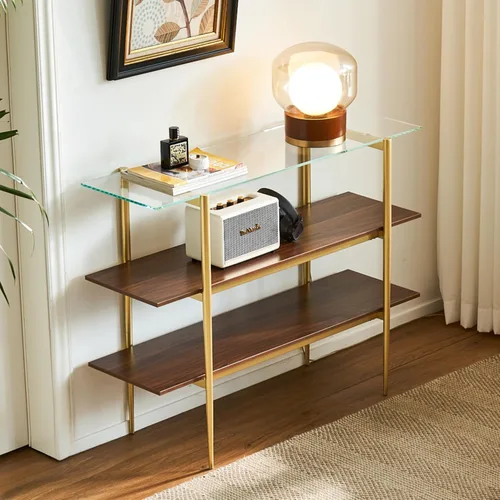 Vista 7 de Saint Mossi - Mesa consola de vidrio y madera de 2 niveles, mesa de entrada estrecha Prefer for Living Room, Entryway Foyer, Corridor, Mid Century