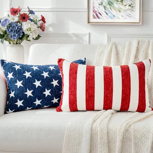 Vista 10 de Juego de 2 fundas de almohada patrióticas de felpilla con estrellas geométricas, 18 x 18 pulgadas, decoración americana para el día