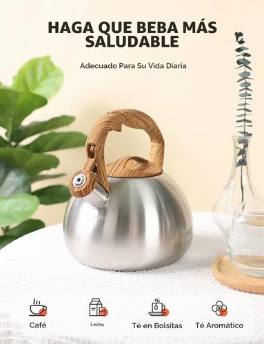 Vista 2 de BELANKO Hervidor de té de 2.7 cuartos de galón para estufas, tetera de acero inoxidable de grado alimenticio con silbato fuerte, mango de madera