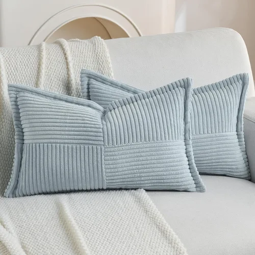 Vista 10 de HAUSSY Paquete de 2 fundas de almohada de 16 x 16 pulgadas, fundas decorativas de pana suave, estilo bohemio, a rayas, sólidas, decoración