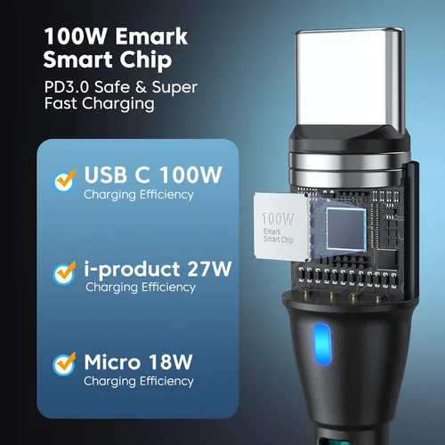 Vista 5 de Cable de carga magnético USB C de 100 W, paquete de 2 (3.3 pies + 6 pies), cable magnético de carga rápida 6 en 1, cable de carga USB C magnético