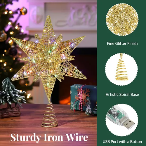 Vista 3 de Lewondr - Estrella para punta de árbol de Navidad, alimentación USB, control remoto, diseño hexagonal multicapa de 11 pulgadas, 8 modos de luz