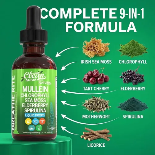 Vista 5 de Clean Nutra Gotas de Gordolobo para Pulmones Clorofila Orgánica Líquida Musgo Marino Irlandés, Espirulina, Regaliz, Cereza Ácida, Lobelia, Agripalma