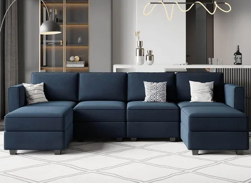 Vista 19 de Belffin Sofá modular en forma de U con tumbonas reversibles, de terciopelo, con asiento de almacenamiento, color negro
