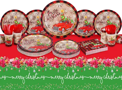 Vista 7 de Suministros de fiesta de Navidad, platos de papel desechables, servilletas, vasos, cuchillos, cucharas, tenedores, mantel para decoraciones