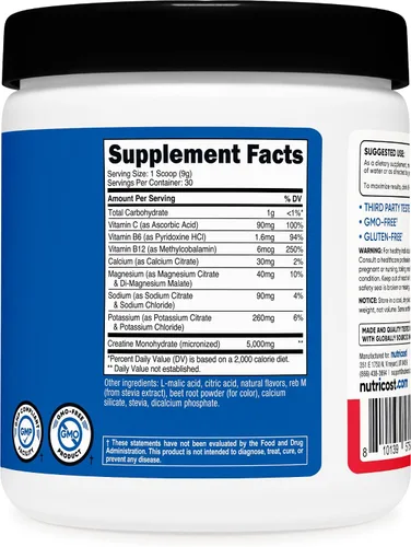 Vista 5 de Nutricost Monohidrato de creatina + hidratación sabor a ponche de frutas (30 porciones) – 7 vitaminas y minerales, 5000 mg de creatina por porción