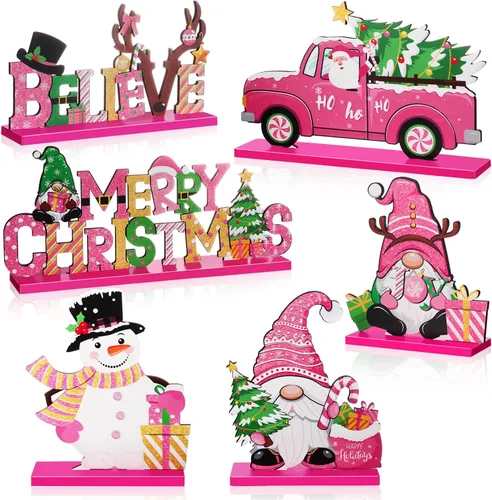 Vista 7 de Capoda 6 piezas de decoración de mesa de Navidad, centros de mesa de Navidad de madera, muñeco de nieve, Papá Noel, gnomo, letreros de Feliz