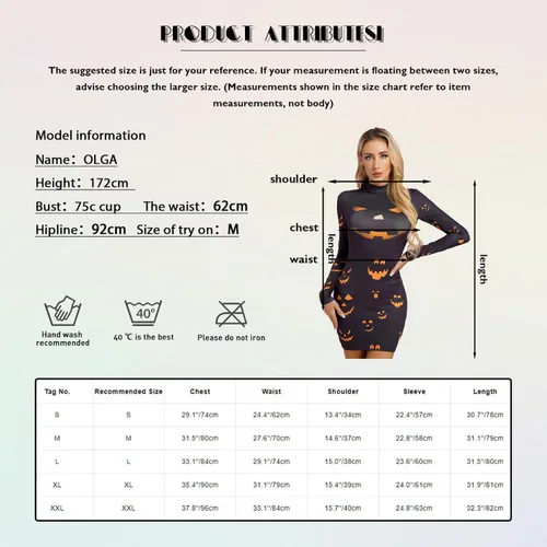Vista 7 de Disfraz de Halloween para mujer, diseño de esqueleto, manga larga, elástico, minivestido casual