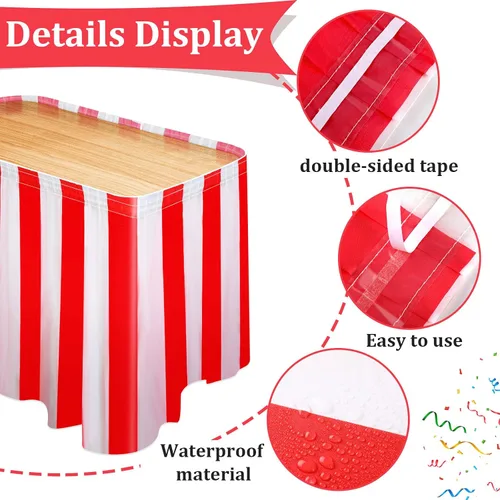 Vista 2 de Tegeme Paquete de 15 faldas de mesa de carnaval a rayas rojas y blancas, 165 x 30 pulgadas, manteles desechables de carnaval con banderines a rayas