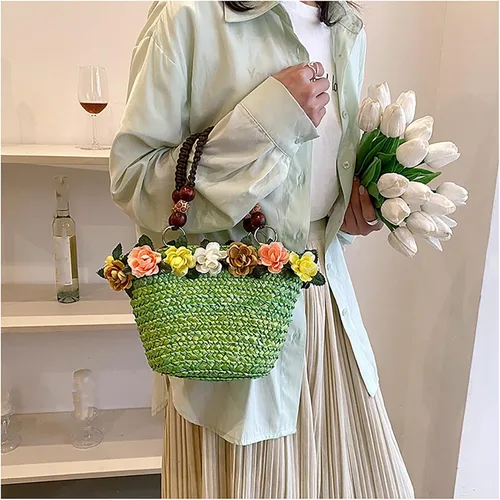 Vista 8 de Helenbra Bolso de mano de paja de flores para mujer, bolso de hombro con asa trenzada retro de verano, bolso de hombro bohemio para playa y viaje