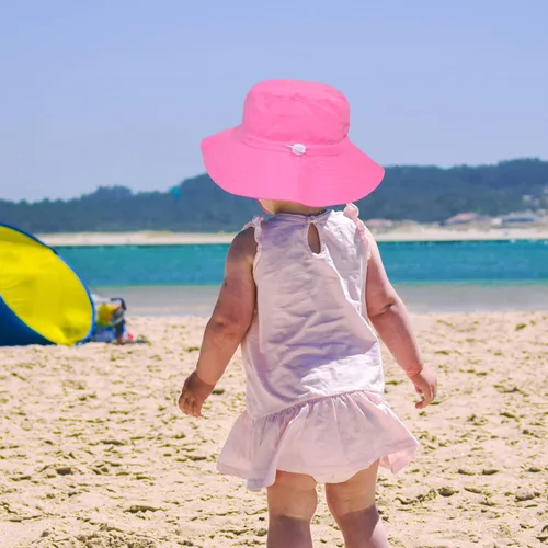 Vista 3 de Sombrero de sol para bebé de verano UPF 50+, sombrero de pescador de ala ancha, sombreros de playa para bebés niños y niñas de 0 a 6 años