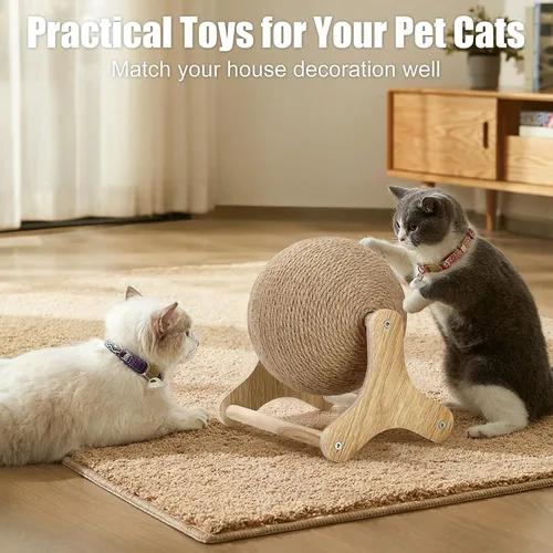 Vista 6 de Outamateur Juguete de bola rascador para gatos, bola rascador de sisal para gatos con soporte estable, juguete de ejercicio interactivo