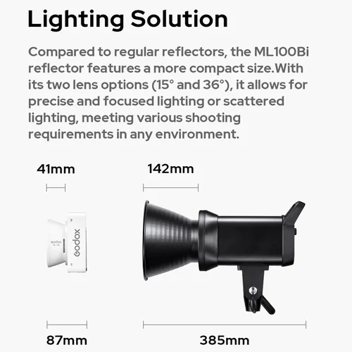 Vista 7 de Godox ML100Bi - Luz de video LED de mano de 120 W con reflector de lente de 15 ° 2800K-6500K TLCI 98+/CRI 97+ Fotografía portátil de mano (ML100 Bi)