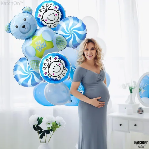 Vista 5 de KatchOn, Globos de oso de peluche para baby shower, paquete de 5, color azul, 30 pulgadas, It's A Boy, oso de peluche, decoraciones de baby shower