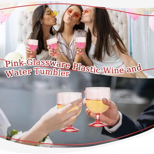 Vista 5 de Bokon - 16 copas de vino de plástico rosa de 7.5 onzas con tallo