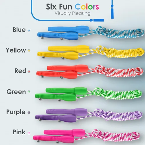 Vista 5 de Ram Pro - Cuerda de saltar multiusos con asas de plástico para cualquier nivel de habilidad, 12 unidades, 6 colores (2 de cada uno)