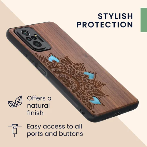 Vista 5 de kwmobile Funda de madera compatible con Xiaomi Redmi Note 10 Pro - Funda - Rising Sun Mother of Pearl Marrón oscuro