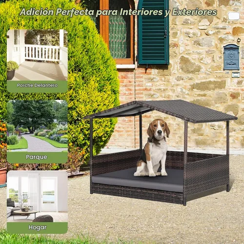 Vista 7 de Tangkula Casa de mimbre para perros, cama elevada de ratán para interiores y exteriores con cojín extraíble, funda lavable, techo impermeable