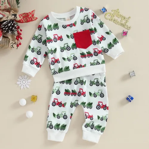 Vista 2 de Lucikamy Conjunto de camiseta de manga larga con estampado de Navidad para bebé niño y niña, ropa de otoño e invierno