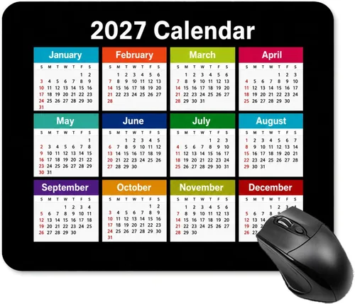 Vista 6 de Alfombrilla de mouse con calendario para computadora con base de goma antideslizante (calendario de año con fondo negro 2026)