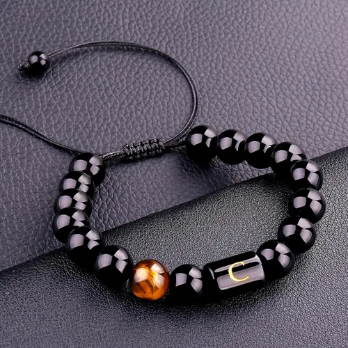 Vista 17 de SUMMER LOVE Regalos para el Día del Padre, pulsera con inicial de piedra de ónix negro de 0.394 pulgadas para hombres, pulsera de cuerda trenzada