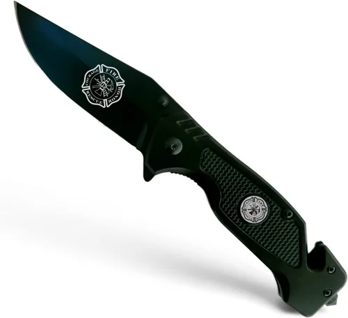 Vista 2 de Cuchillo táctico plegable Firefighter Black Stealth Elite - Cuchillo de bombero de rescate - Regalo para personal de primera respuesta - Pequeña