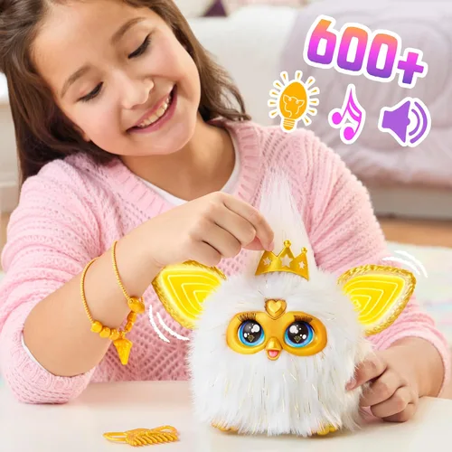 Vista 4 de Furby Gold Glam - Juguetes interactivos de peluche para niñas y niños de 6 años en adelante, animatrónico activado por voz, habla inglés y furbish
