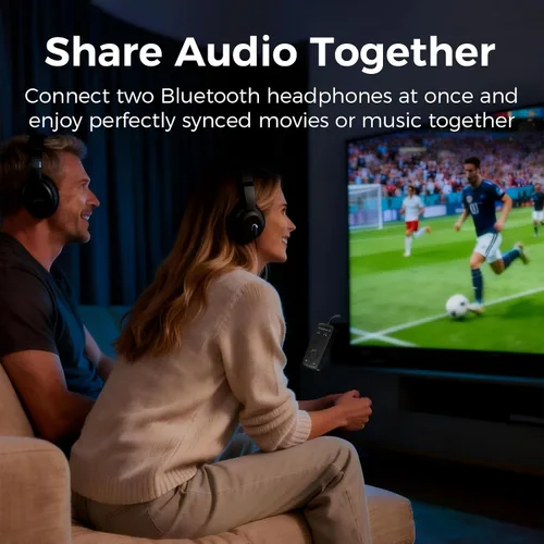 Vista 3 de Transmisor de audio Bluetooth 5.3 con Qualcomm aptX adaptativo, soporte de dispositivo doble, duración de la batería de 35 horas, AUX de 0.138 in