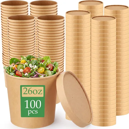 Vista 8 de meekoo 100 recipientes de papel para sopa de 16 onzas con tapas, recipientes de pinta de helado, almacenamiento de vasos de alimentos desechables