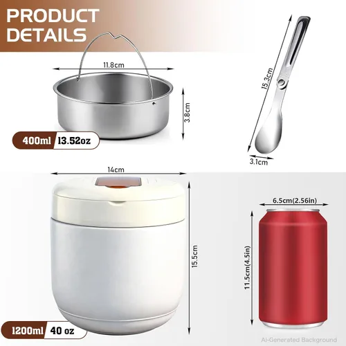 Vista 2 de Tarro de comida aislado de 40 onzas con 2 compartimentos, recipientes herméticos para comida caliente, boca ancha, acero inoxidable, incluye cuchara