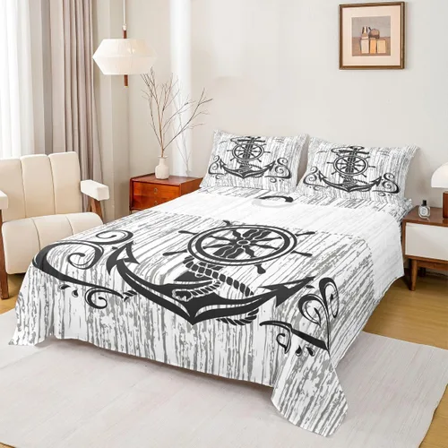 Vista 14 de Erosebridal Juego de sábanas de ancla náutica, sábanas de brújula oceánica, tamaño individual para niños, adolescentes, adultos, decoración
