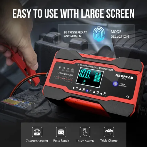 Vista 3 de NEXPEAK NC201 - Cargador de batería de 10 amperios, cargador inteligente de goteo de 12 V, 24 V, cargador de batería de automóvil, desulfatador