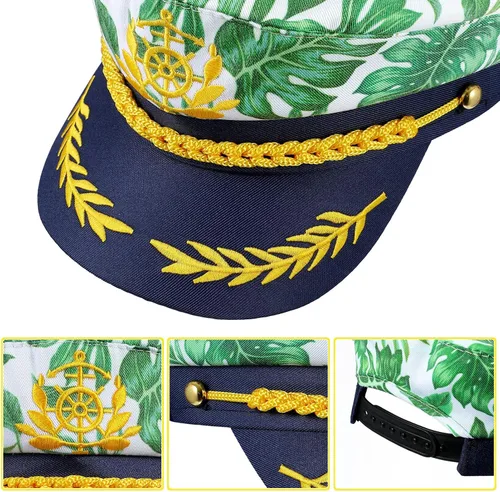 Vista 7 de SOIMISS Sombrero de yate para adulto, sombrero de capitán Monstera con estampado de hojas marinero, gorro de marinero, color azul marino, disfraz