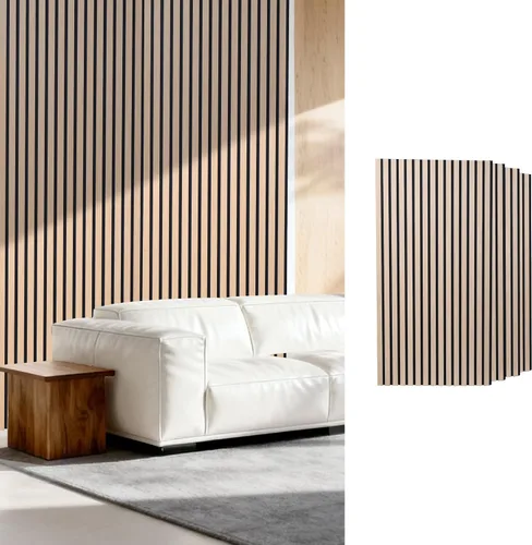 Vista 9 de Paneles de pared de listones de madera de ébano, paneles acústicos modernos oscuros para decoración del hogar, 47 x 24 pulgadas, paquete de 4
