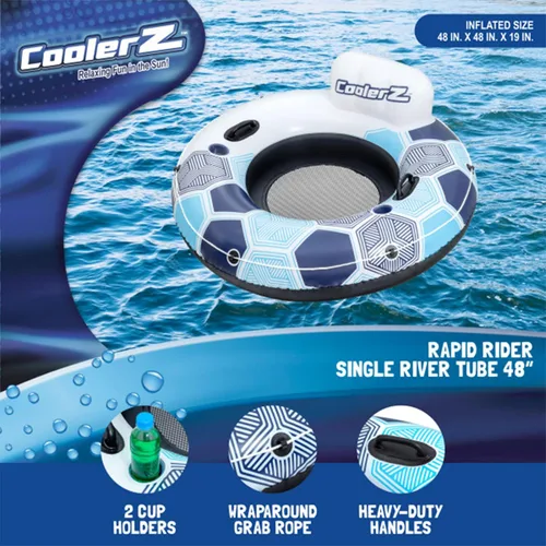 Vista 2 de Bestway 15496 CoolerZ Rapid Rider Inflatable River Lake Pool Inner Tube Float with Built in Backrest and Wrap Around Grab Rope, Blue Hexagon