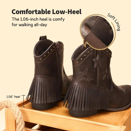 Vista 4 de DREAM PAIRS Botas vaqueras para niñas, estilo vaquero, con cremallera lateral, con borla, para niños pequeños y grandes