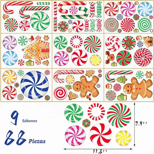 Vista 2 de Adhesivos de ventana de Navidad para vidrio, doble cara, 3D, bastón de caramelo, pan de jengibre, 88 calcomanías de menta para decoración de fiesta
