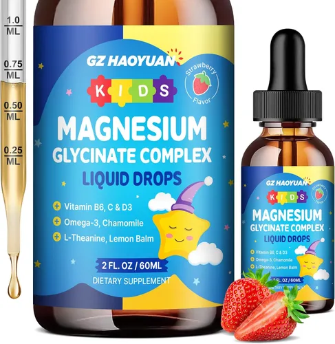 Vista 8 de Gotas líquidas de glicinato de magnesio para niños, con L-teanina, omega-3, vitaminas B6 y D3, zinc y calcio, para apoyo al sueño, relajación
