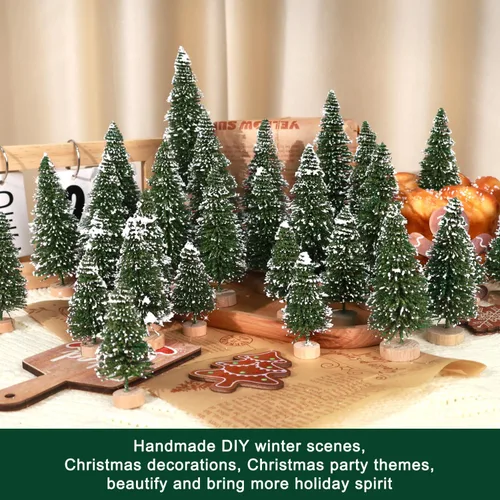Vista 4 de 30 piezas de mini árboles de Navidad, mini árboles de Navidad artificiales de pino con base de madera, mini árboles de sisal para mesa, decoración