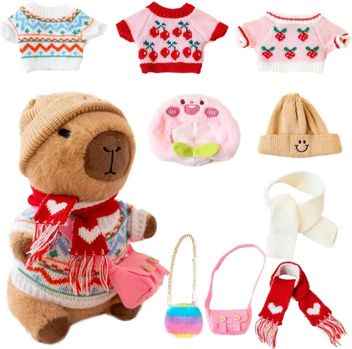Vista 13 de Capybara - Lindo peluche de peluche para niños y niñas, juego de 10 piezas, 9 prendas y accesorios, juguete de peluche Kawaii, peluche suave
