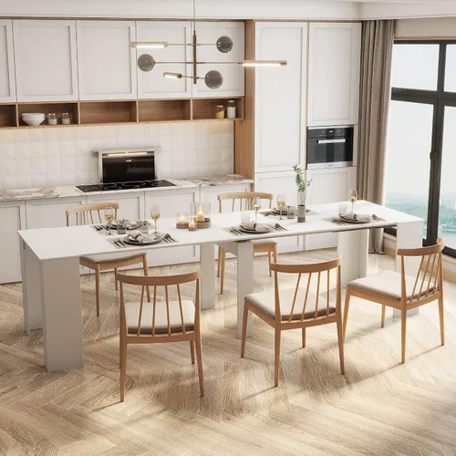 Vista 13 de WILLIAMSPACE Mesa de comedor extensible de madera de 106 pulgadas para 8 a 12, mesa de cocina rectangular rústica de campo, mesa de comedor grande