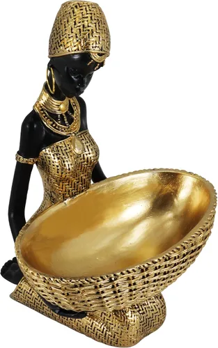 Vista 7 de Escultura Africana Hecha a Mano de Mujer Sentada - Figura Tribal Dorada Sosteniendo Canasta, Decoración del Hogar de Resina para Estante/Mesa