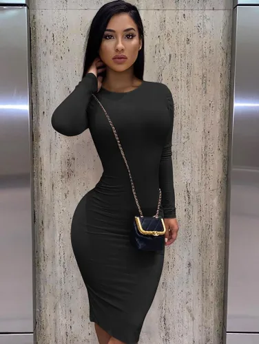 Vista 6 de Vestido sexi ceñido al cuerpo para mujer, vestido por debajo de la rodilla tipo lápiz, de manga larga y cuello redondo, para trabajo y oficina