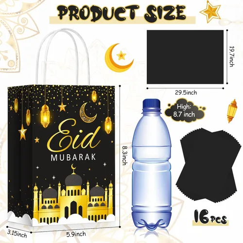 Vista 2 de Censen 16 juegos de bolsas de regalo de Eid Mubarak con papel de seda, bolsas de golosinas de Ramadán para suministros de fiesta de Ramadán (negro)