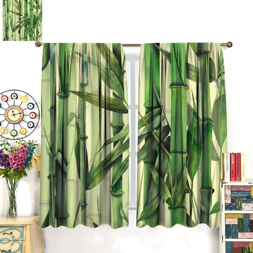 Vista 3 de Cortinas con estampado de bambú verde natural, plantas asiáticas, japonesas, tallos rústicos, hojas, cortina de selva con bolsillo para cortinero